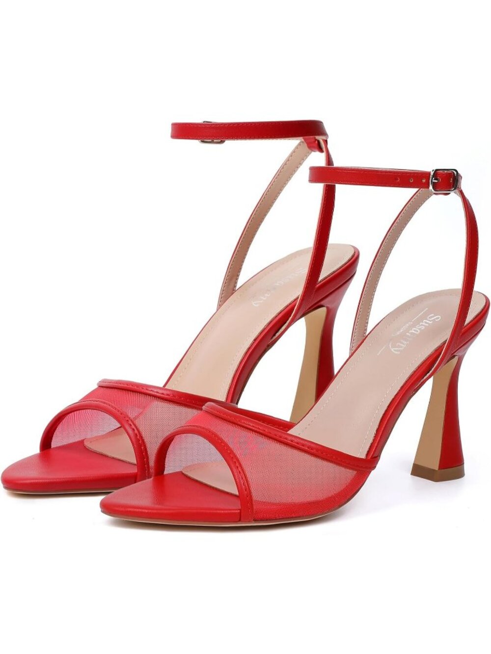 Women's Red Mesh Pointed Open Toe Strappy Chunky Block Sexy High Heels Shoes
